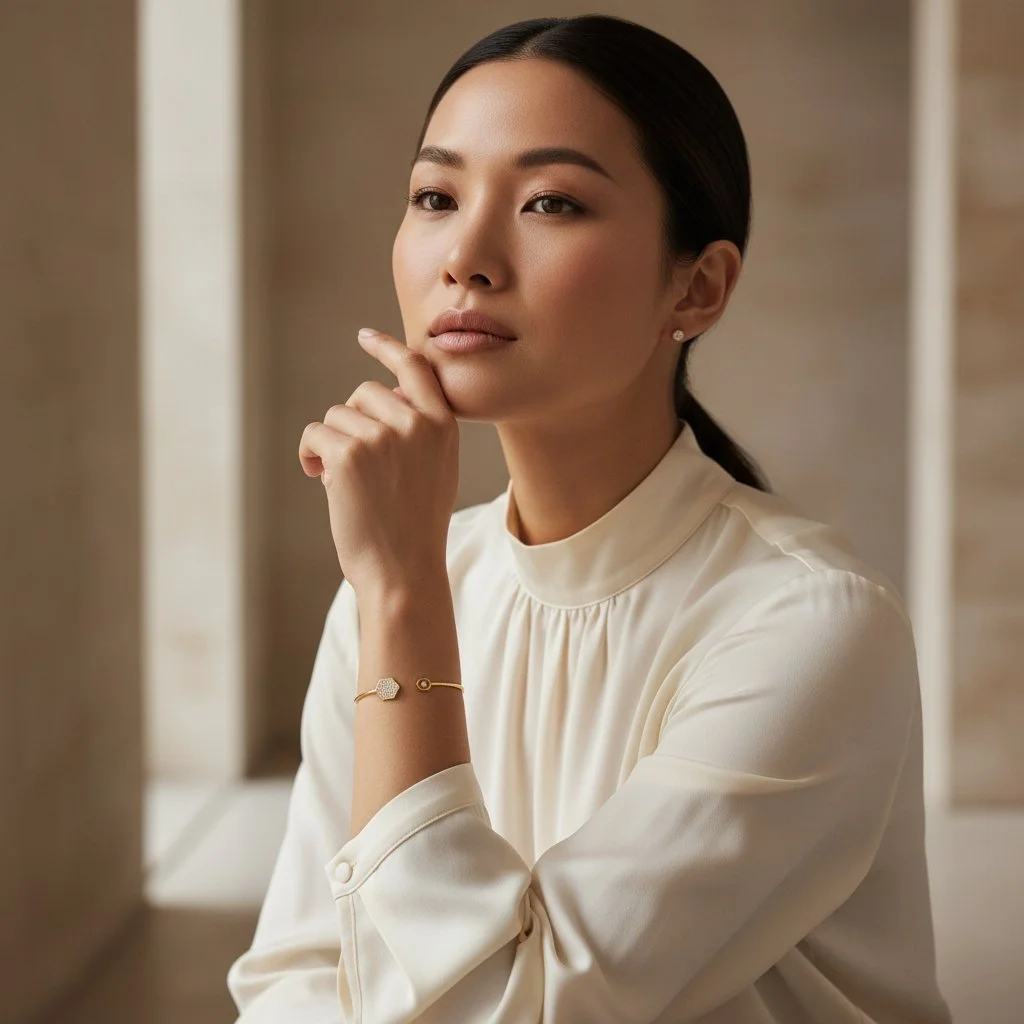 Woman in a white blouse wearing a delicate gold bracelet by Hourglass Diamonds.