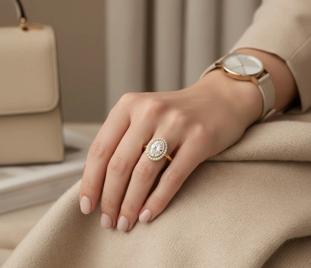 A hand with an oval diamond halo ring, a gold band from Hourglass Diamond, and a handbag nearby.