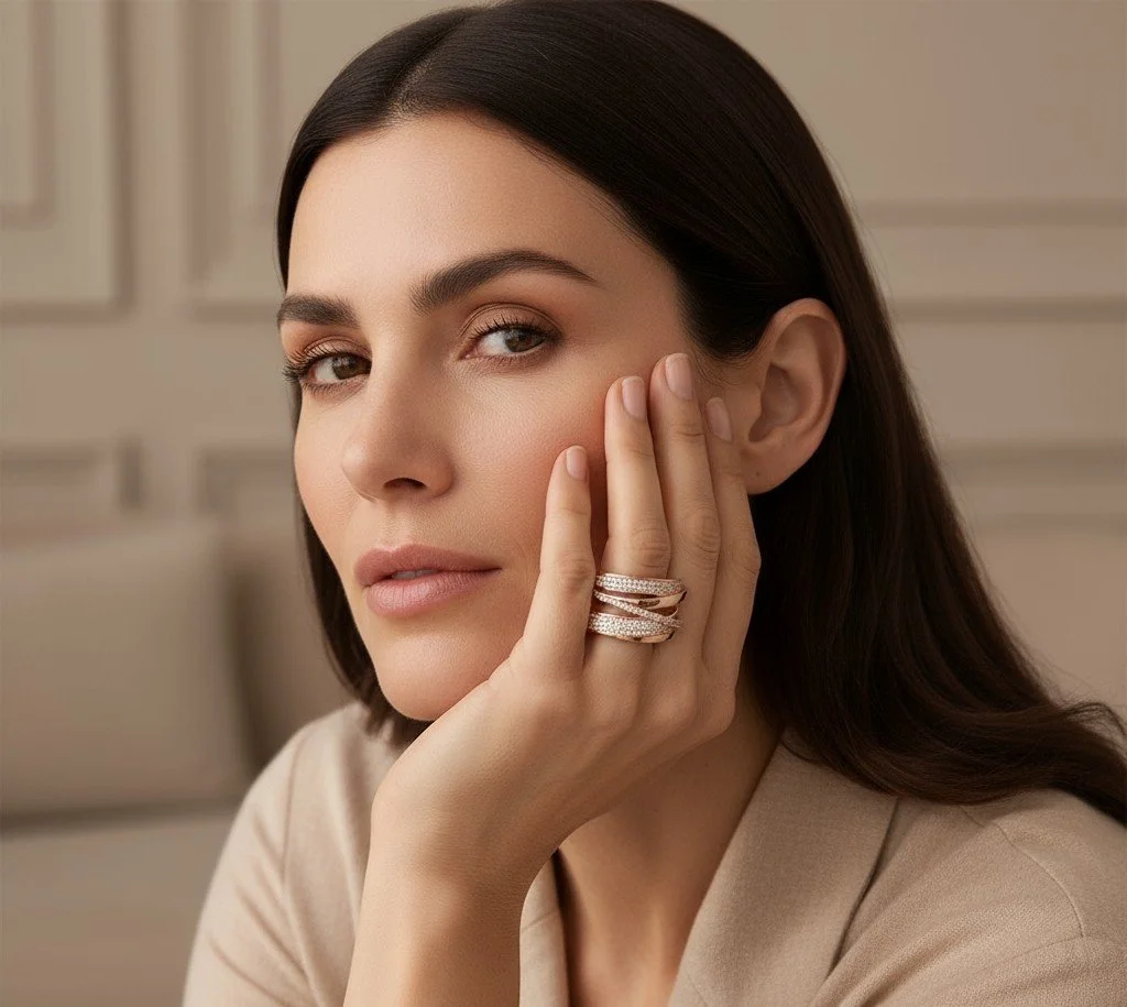 A woman resting her face on her hand, featuring a rose gold diamond band from Hourglass Diamonds.