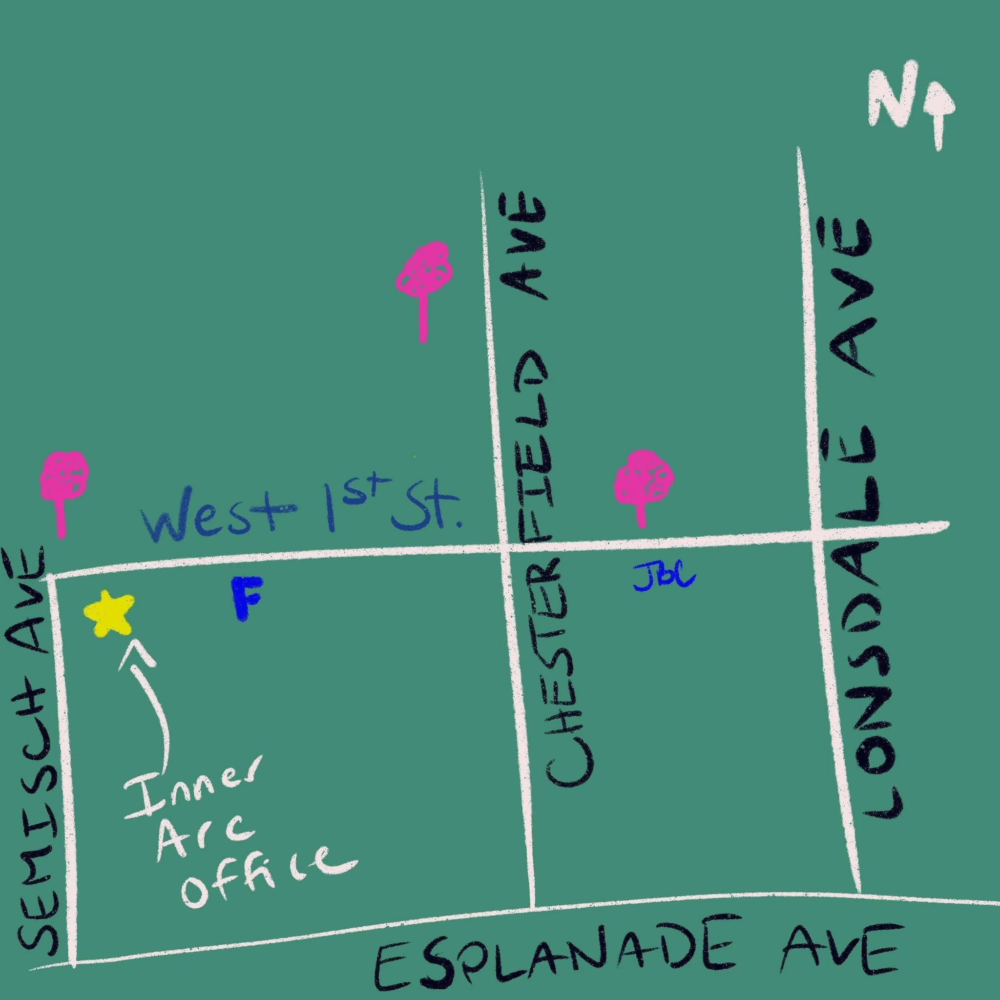 A digitally drawn map with the location of the Inner Arc counselling office. A star represents the office at the corner of semisch ave and west 1st street.