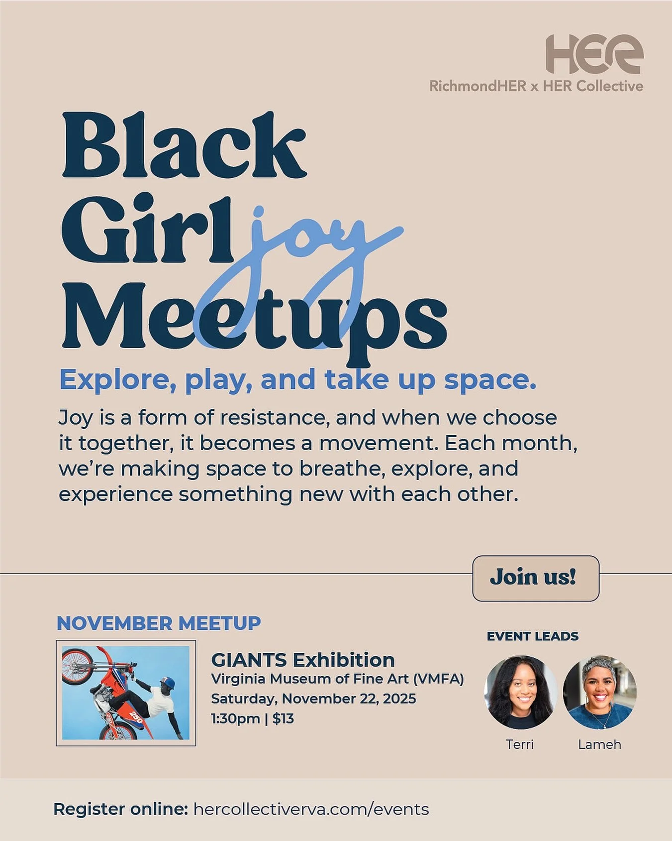 We&rsquo;re back with our final Black Girl Joy of the year. Join our leads, Terri and Lameh, at the VMFA for GIANTS: The Dean Collection and take in some incredible Black art.

📅 Saturday, Nov 22
🕑 Meet at Best Caf&eacute; at 1:30 pm
🎨 Exhibit ent