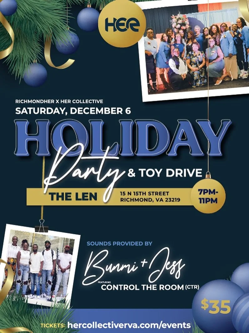 Join us for the 2025 RichmondHER Holiday Party, a night filled with joy, music, and celebration as we close out the year! 🎄

Enjoy live music from @shanta.jasper + @jesswuzhere and the Control the Room Band (@control_theroom), festive d&eacute;cor, 