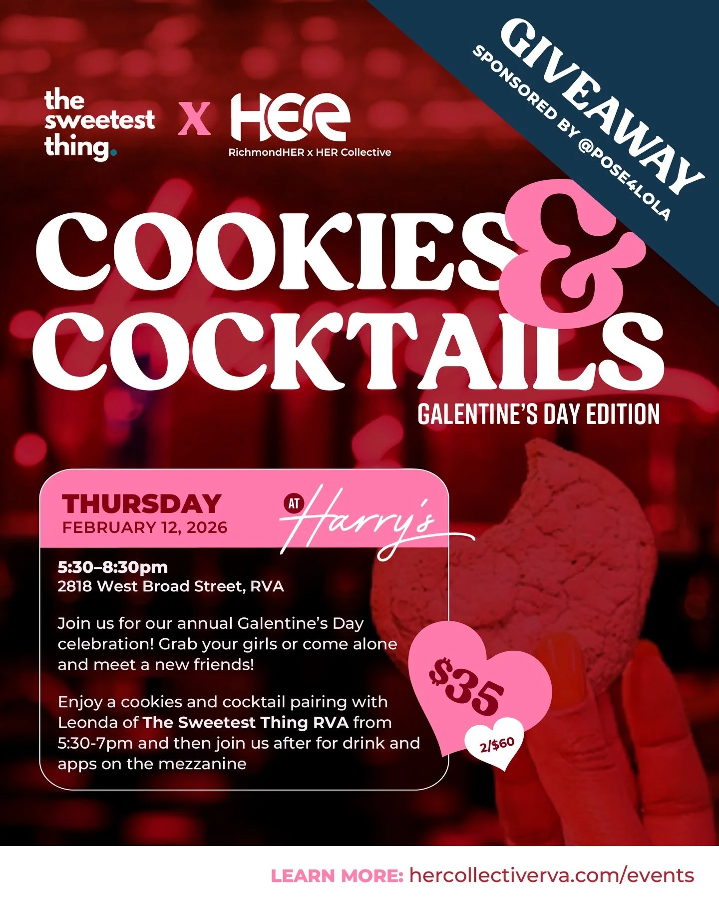 GIVEAWAY TIME 🎉

One of our amazing partners, @pose4lola, is gifting one ticket for two to tonight&rsquo;s Galentine&rsquo;s Cookies &amp; Cocktails event.

To enter:
💙 Drop a blue heart below
💻 Send us a DM
🫶🏾 Tag who you&rsquo;re bringing with