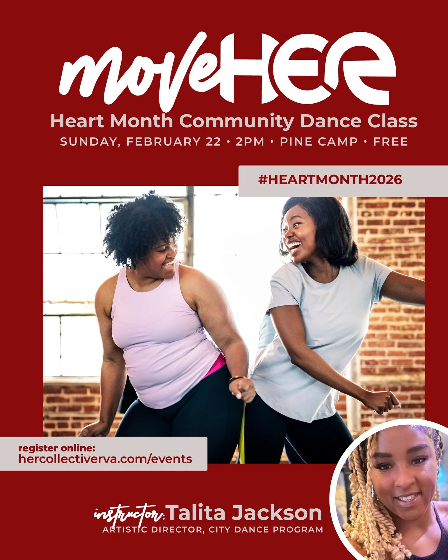 Join us for MoveHER, our FREE Community Dance class for Heart Month❤️💙

Ledd by Talita Jackson at Pine Camp Cultural Arts and Community Center, this is an opportunity for us to move our bodies, prioritize our health, and show love to our hearts in c