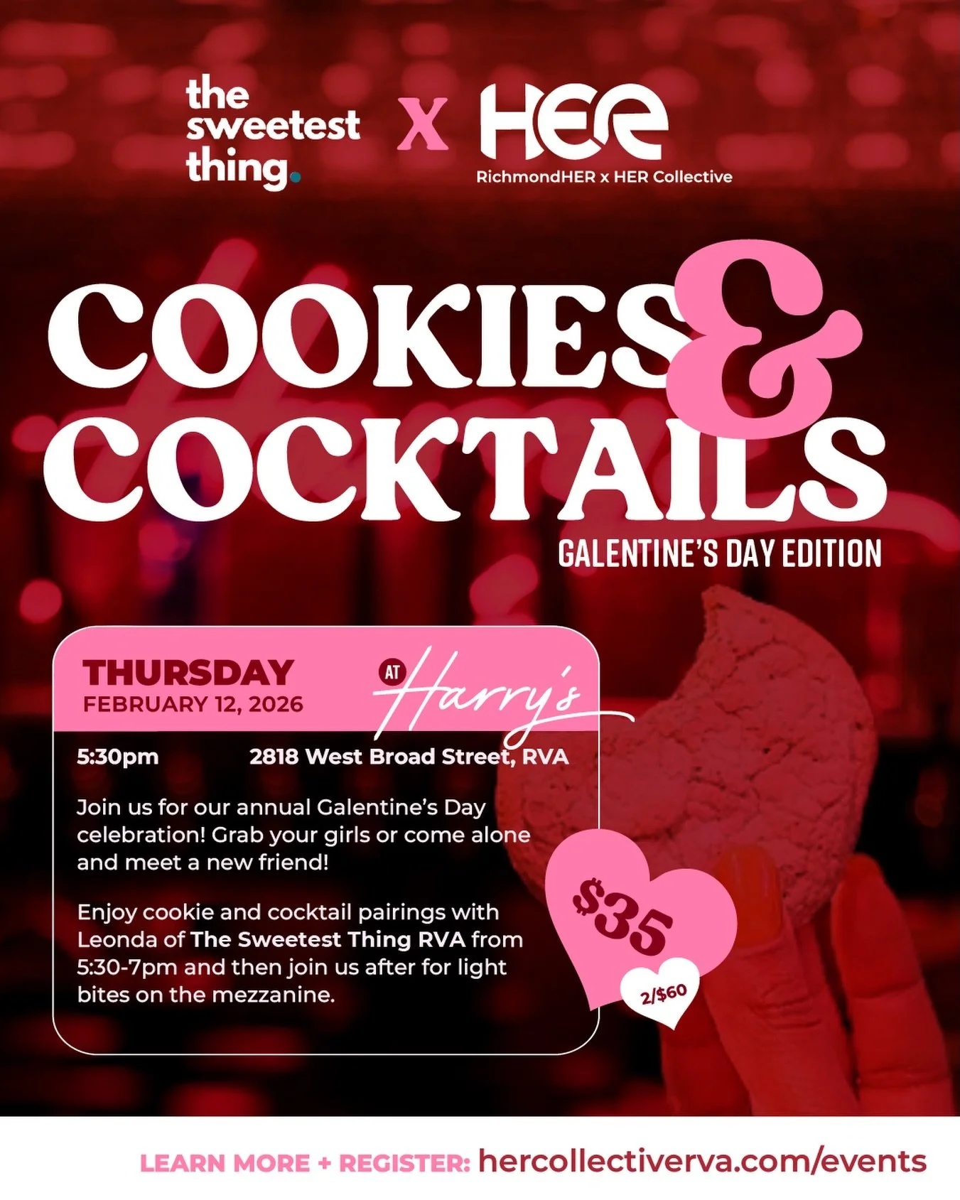 Grab your girls, it&rsquo;s time for a Galentine&rsquo;s Day celebration!

We&rsquo;re teaming up with @thesweetestthing_rva for a curated Cookie &amp; Cocktail Experience featuring three delicious pairings, including brand-new cookie flavors and a f