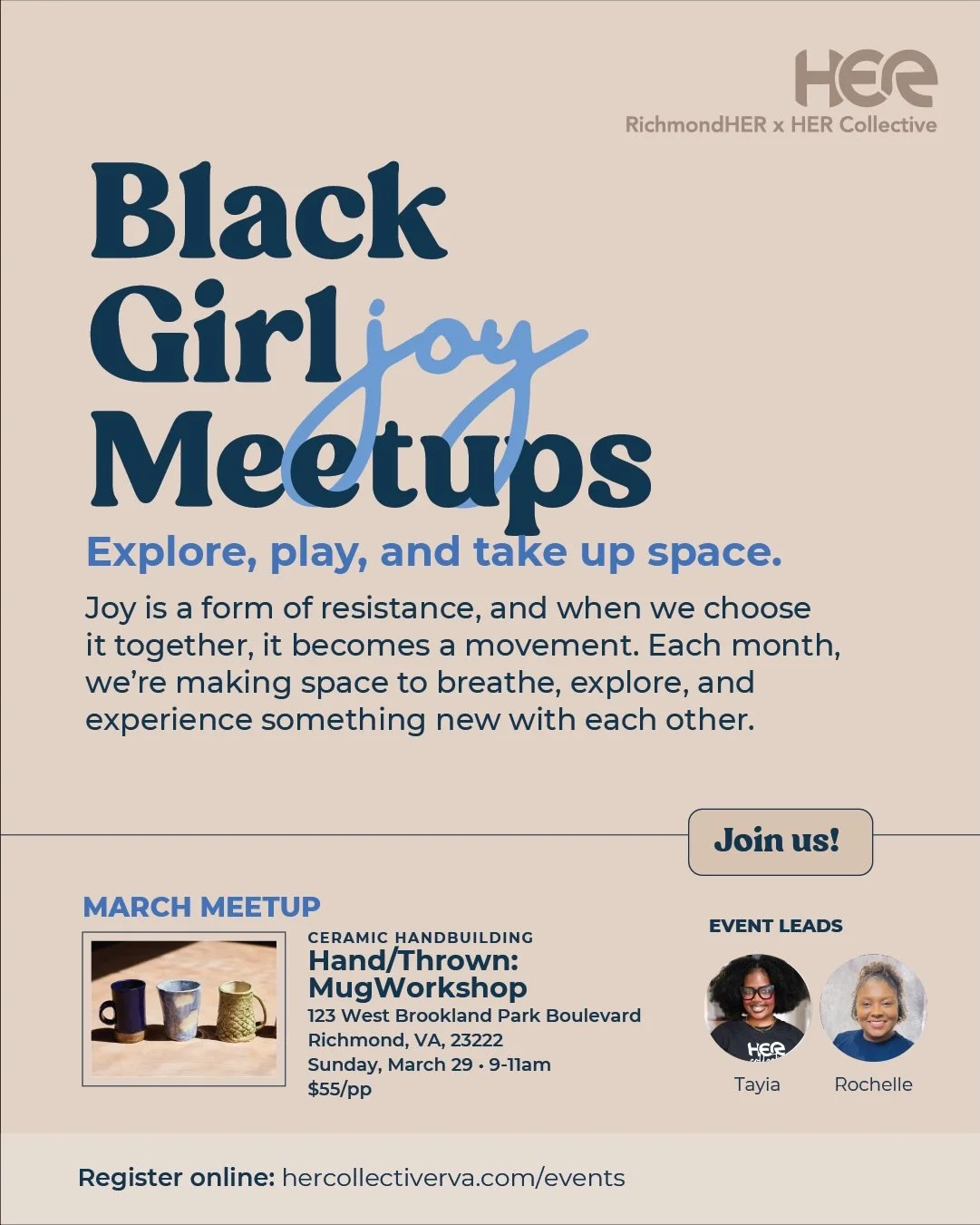 Join us for our March Black Girl Joy gathering as we get creative together.

We&rsquo;ll be learning the art of handbuilding ceramics and creating our own mugs during a guided class at @handthrownfits! Collective leads Tayia and Rochelle will be host