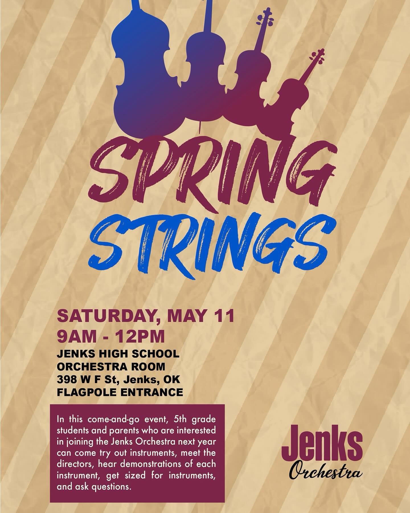Do you know any 5th grade students who are interested in joining the Jenks Orchestra next year? Let them know about the Spring Strings event happening this upcoming Saturday!