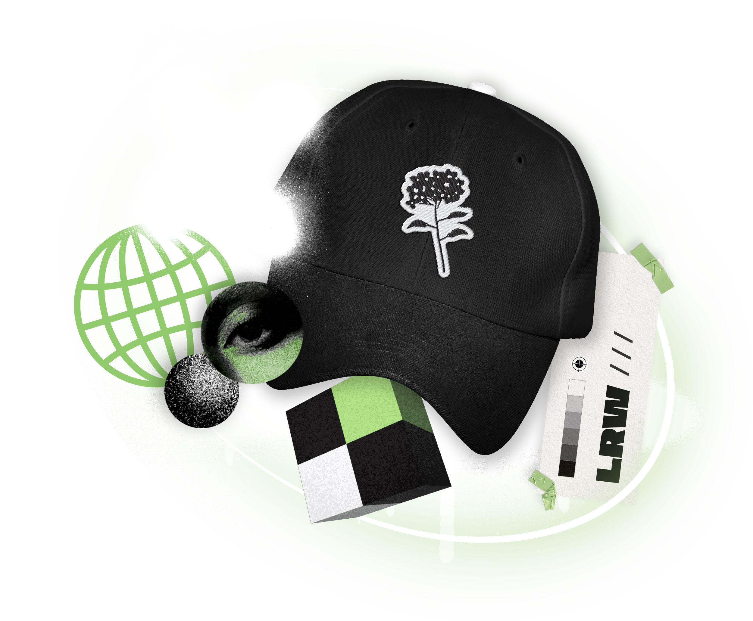 A black baseball cap with an embroidered white hydrangea on the front, surrounded by abstract green, black, and white graphic designs representing digital design, print design, and branding.