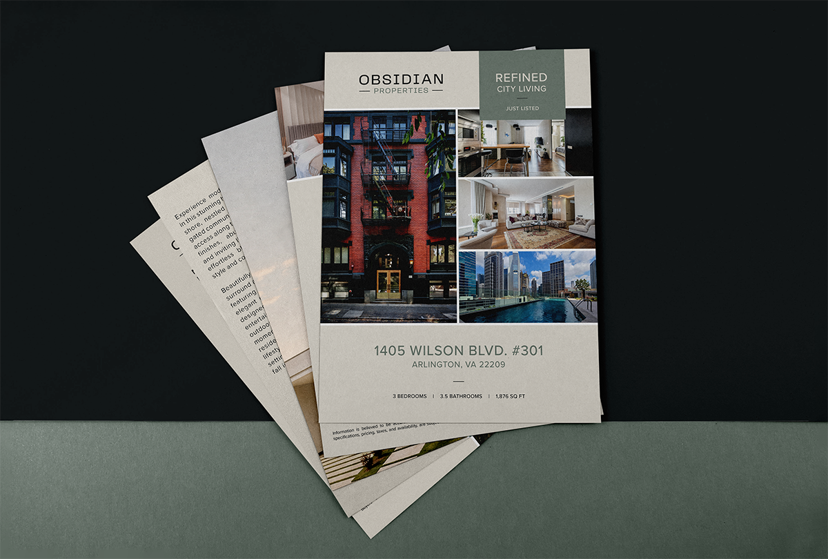 Real estate flyers for Obsidian Properties, showcasing an apartment at 1405 Wilson Boulevard, Arlington, VA 22209, with images of a building exterior, interiors, and cityscape.