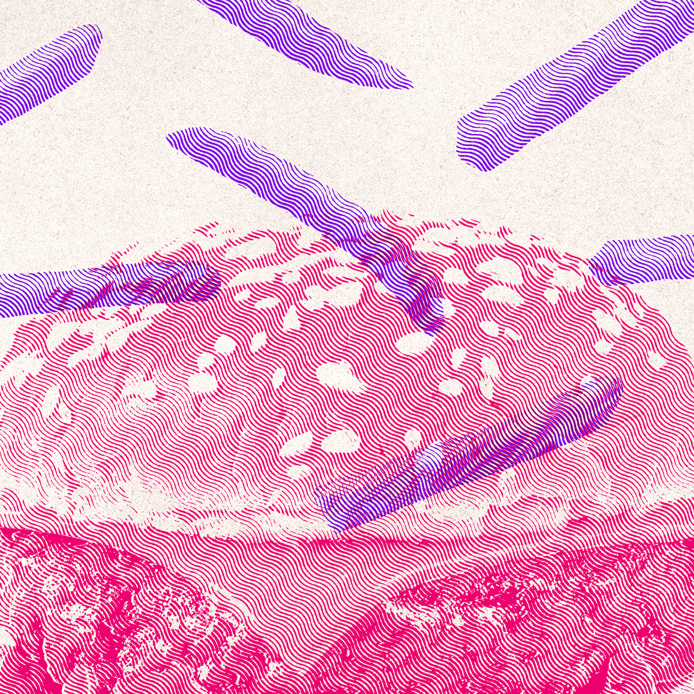 Close-up of a stylized burger and fries using pink and purple line art.