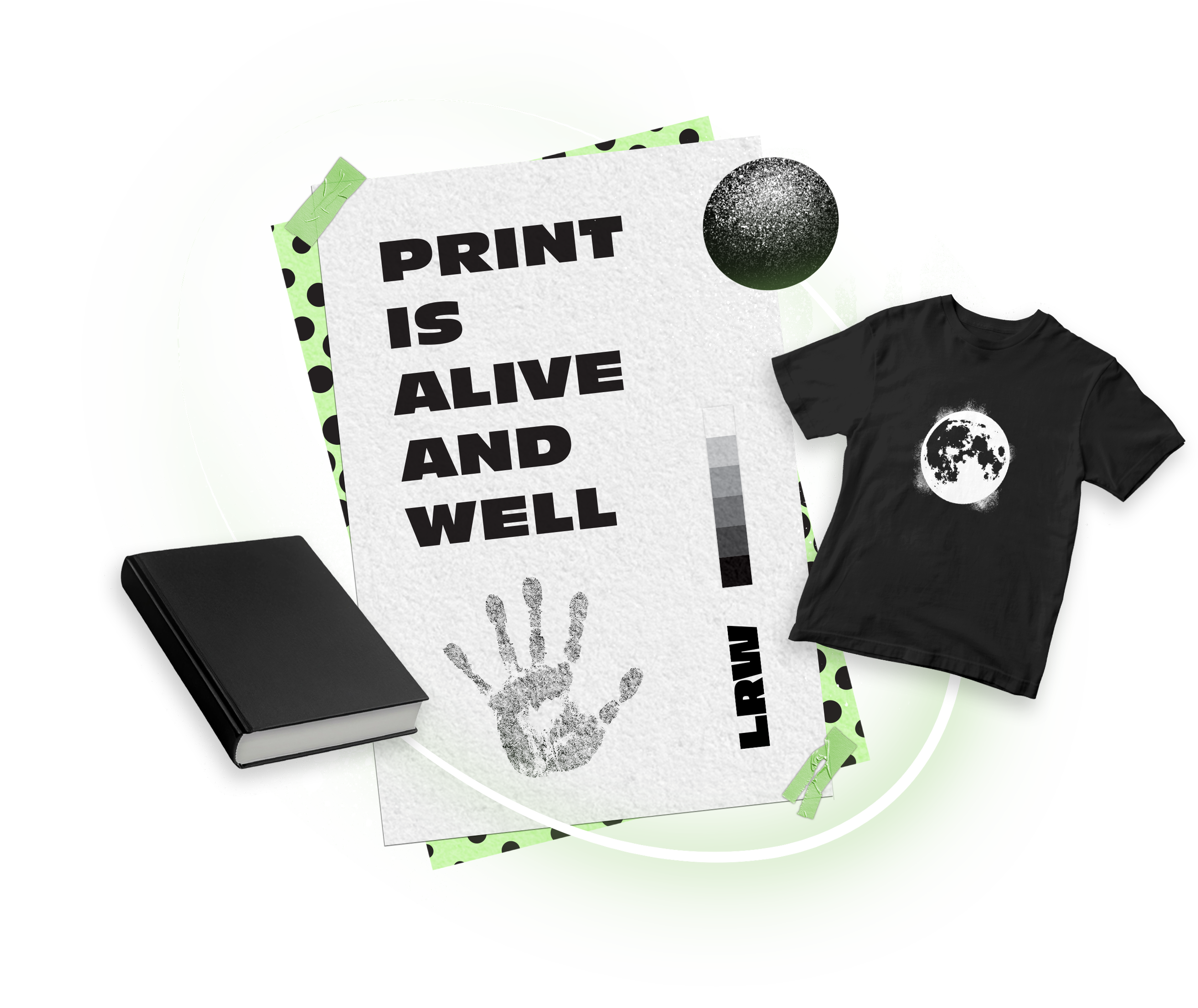 A collection of printed items, including a T-shirt with a moon graphic, a sign with the message 'Print is alive and well,' and some other printed materials, arranged on a green and yellow swirling background.