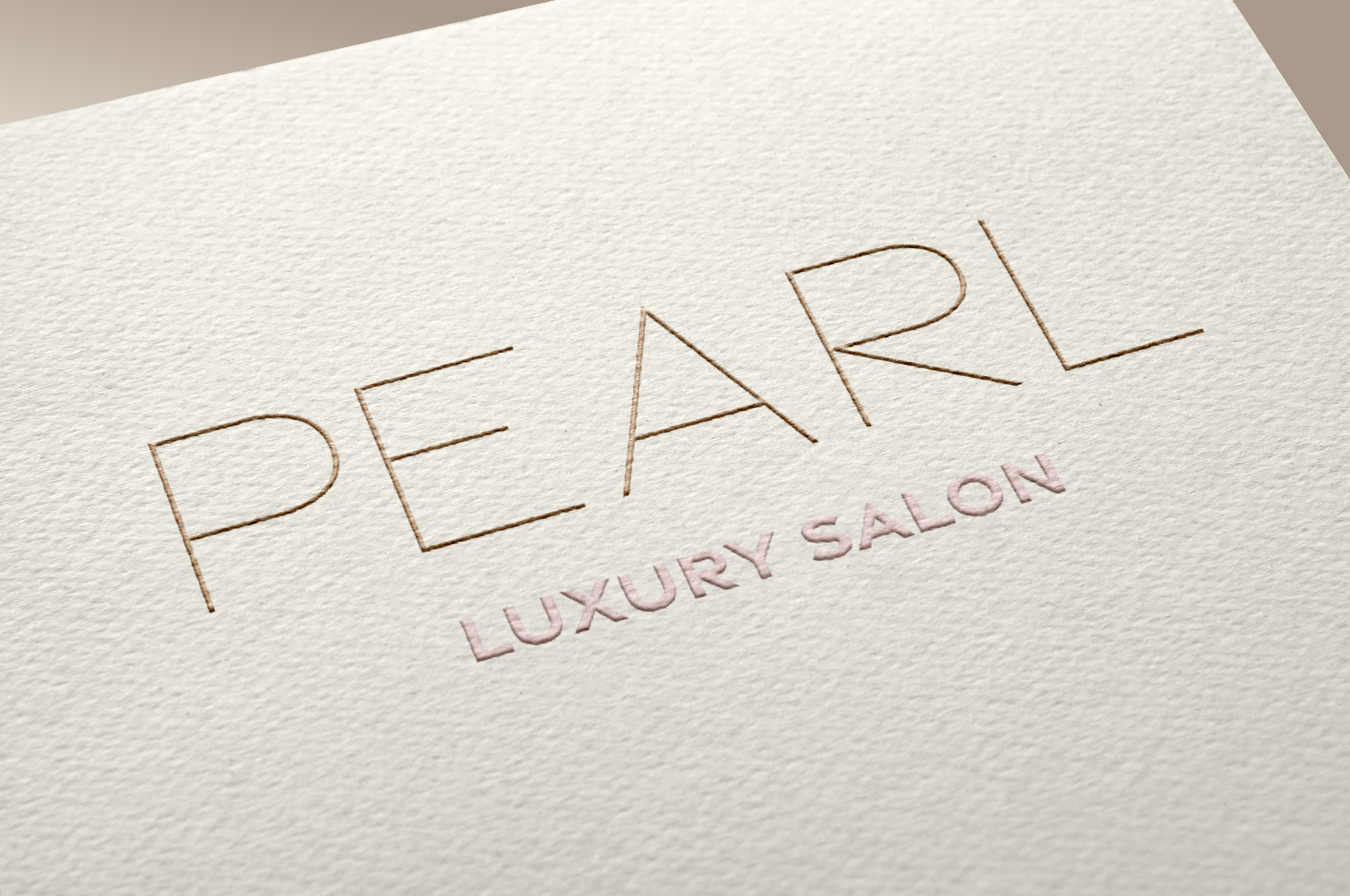 Close-up of a textured paper with the logo of a luxury hair salon, reading "PEARL, Luxury Salon" in brown capital letters.