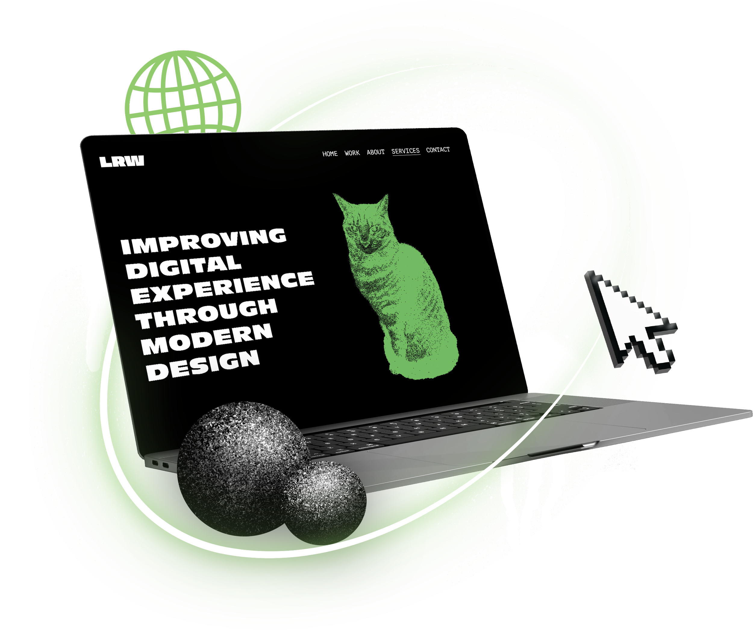 A digital illustration of a laptop with a website on its screen, featuring a green cat image and bold text, surrounded by abstract green and black artistic elements and pixelated shapes.
