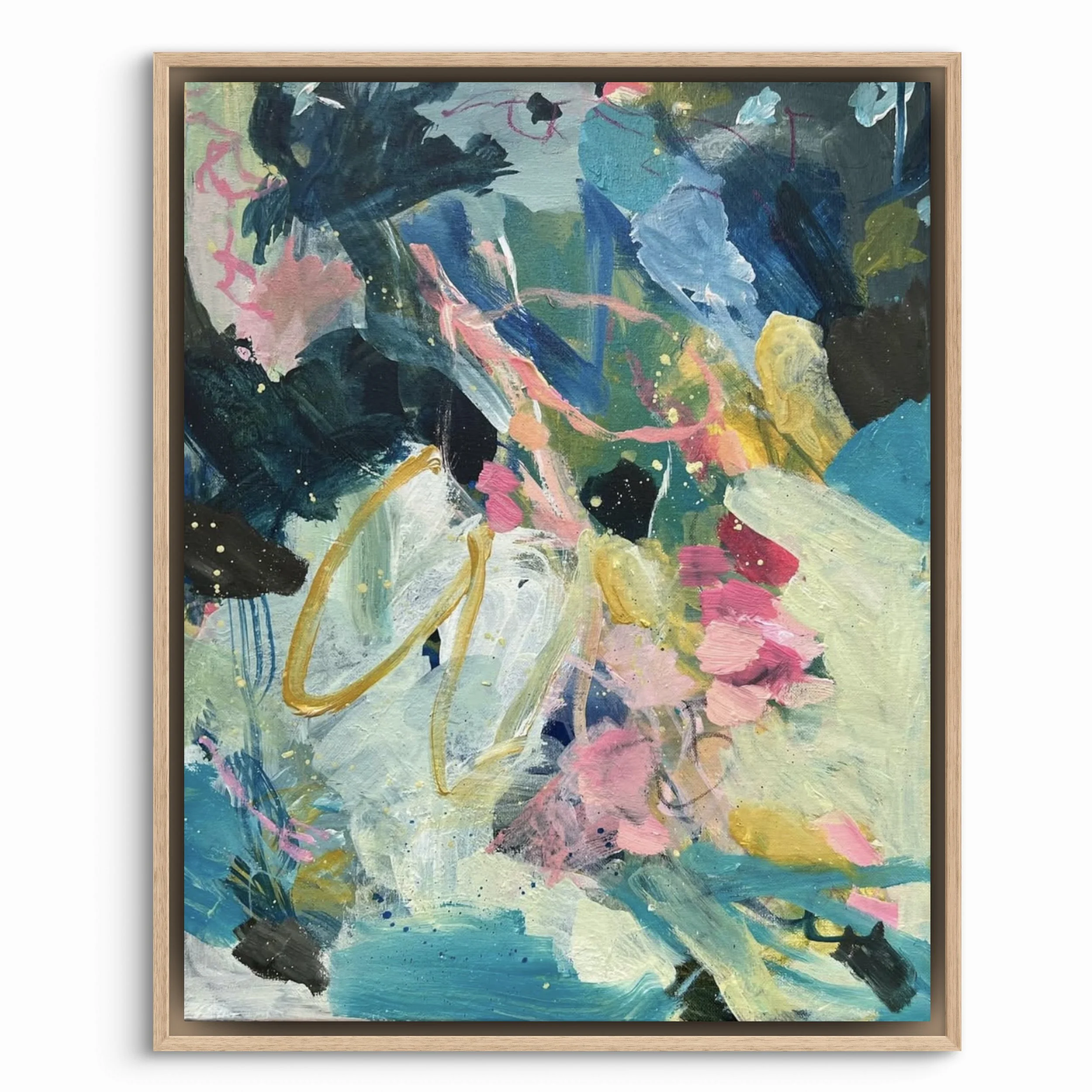 Abstract colorful painting with shades of blue, green, pink, black, and yellow, framed in a wooden frame.