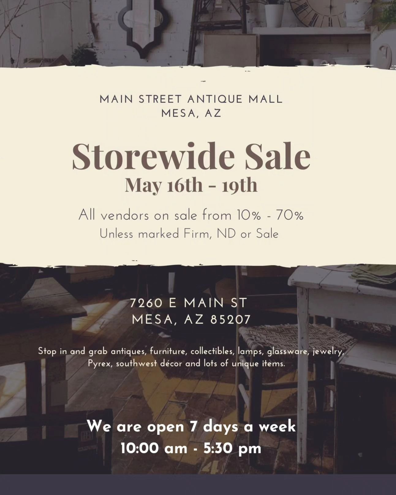 Stop in Main Street  Antique Mall and snag all the goodies you have had your eye on! 

Some vendors are already on sale. All vendors will be on sale Thursday thru Sunday!