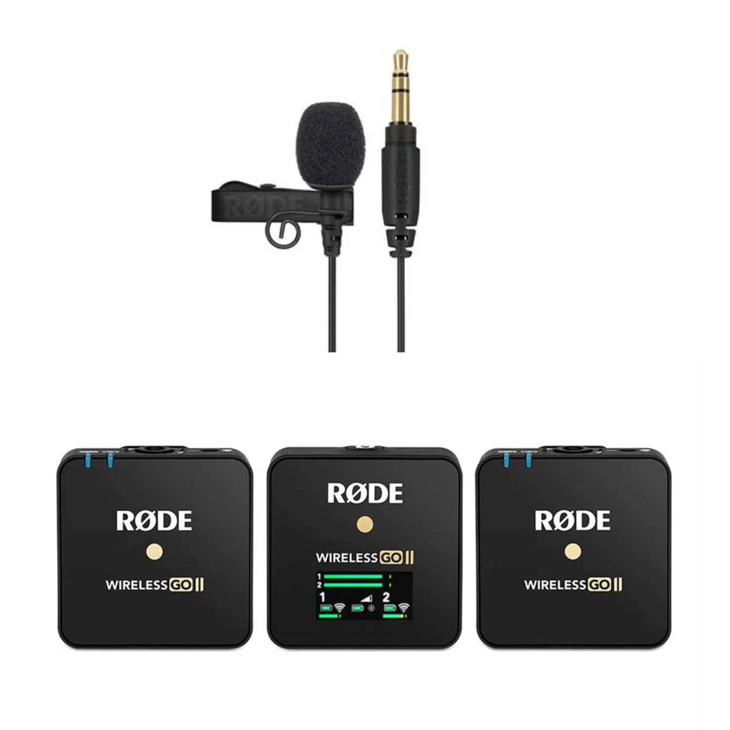 Wireless microphone system with a microphone and receiver units, showing the RØDE Wireless GO II models.