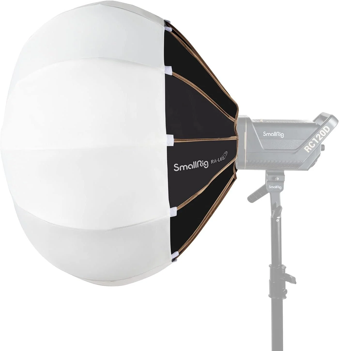 Studio lighting equipment with a large white octagonal softbox mounted on a stand, connected to a SmallRig RC120D LED light.