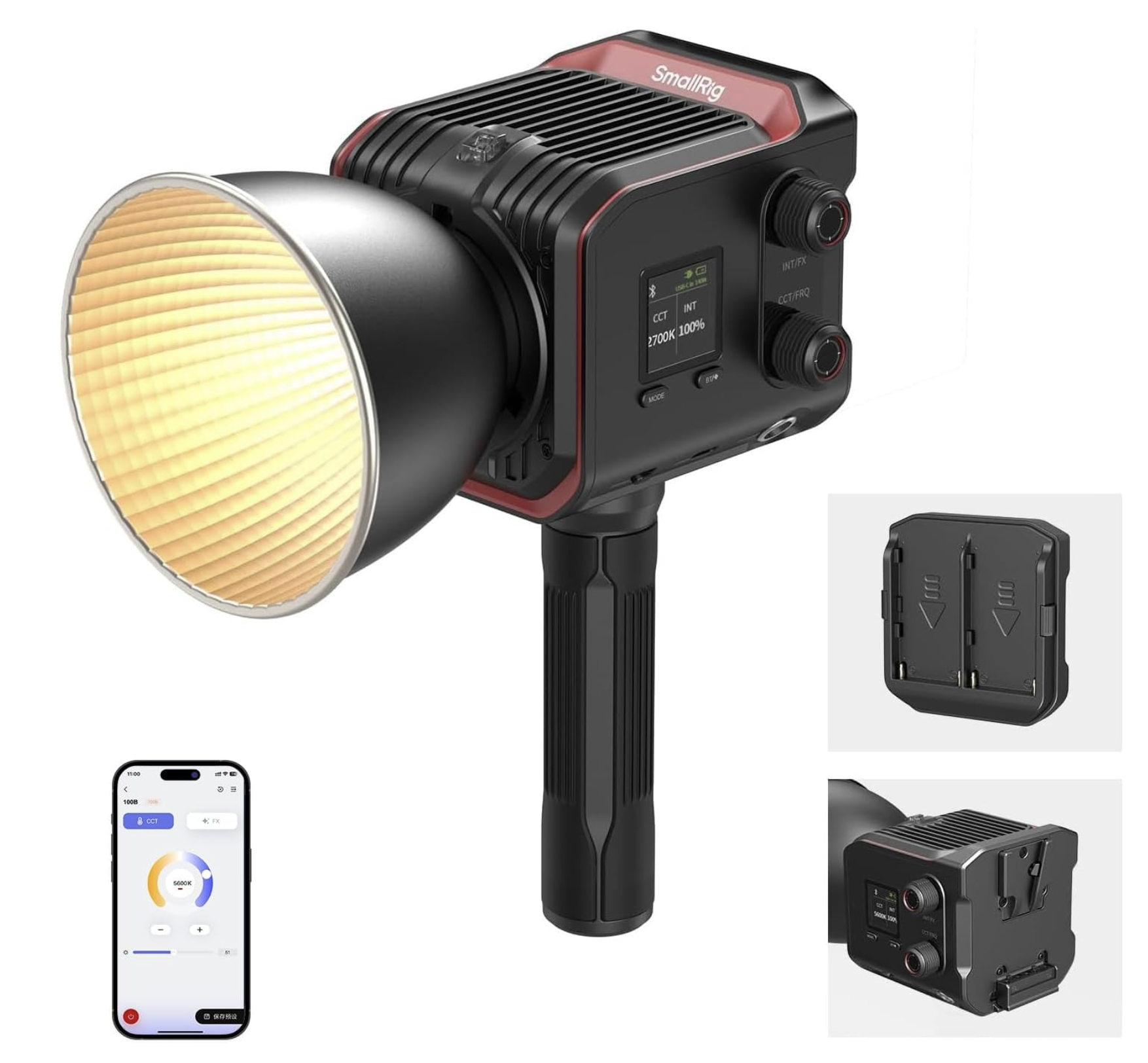 A professional LED camera light with adjustable controls, a hand grip, a remote control with color temperature adjustments, and a battery pack for portable use.