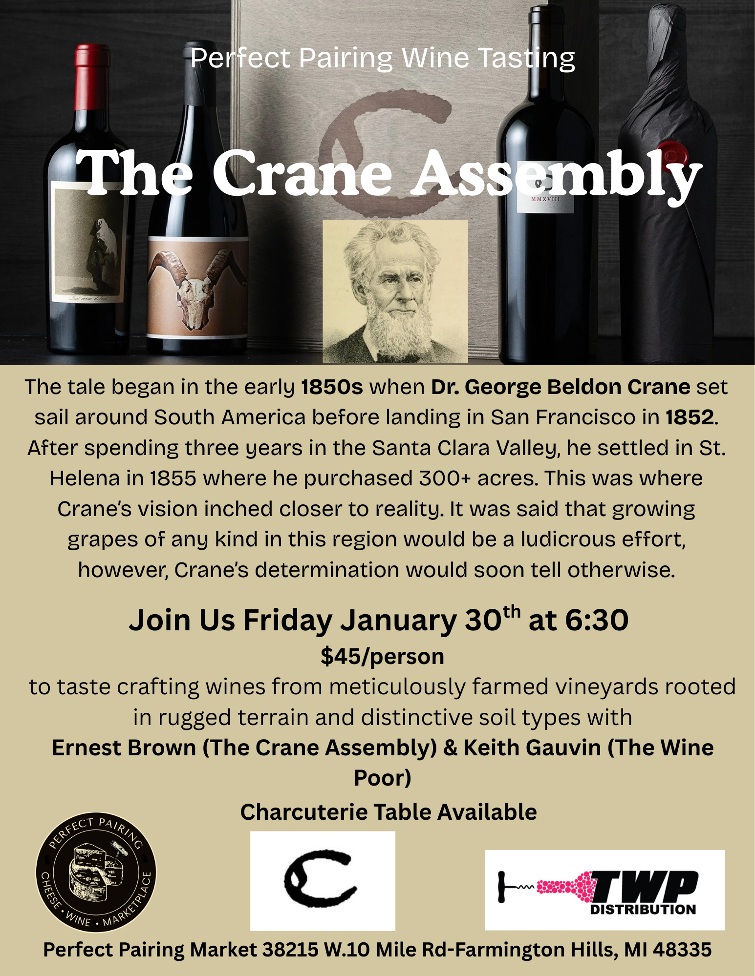Event flyer for The Crane Assembly wine tasting event featuring bottles of wine, a portrait of Dr. George Beldon Crane, and text detailing the event date, time, price, and location at the Perfect Pairing Market in Michigan.