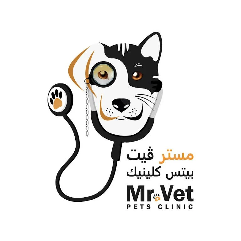 logo of dog and cat face combined, the cat face is black with one brown eye while the dog face is light brown, it is wearing a stethoscope and binoculars, on the right bottom side it says "Mr vet pets clinic:" in arabic and English