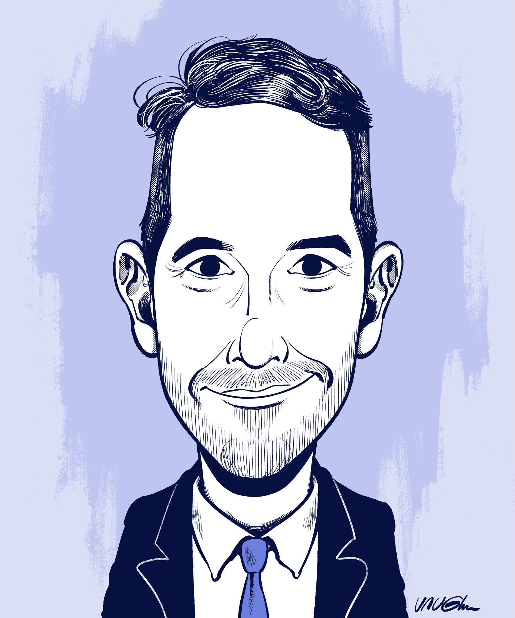 Line drawing of a man wearing a suit, tie, and microphone, with textured hair and beard, set against a light purple background.