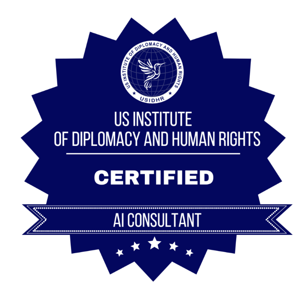 Blue certification badge from the US Institute of Diplomacy and Human Rights indicating certified AI consultant.