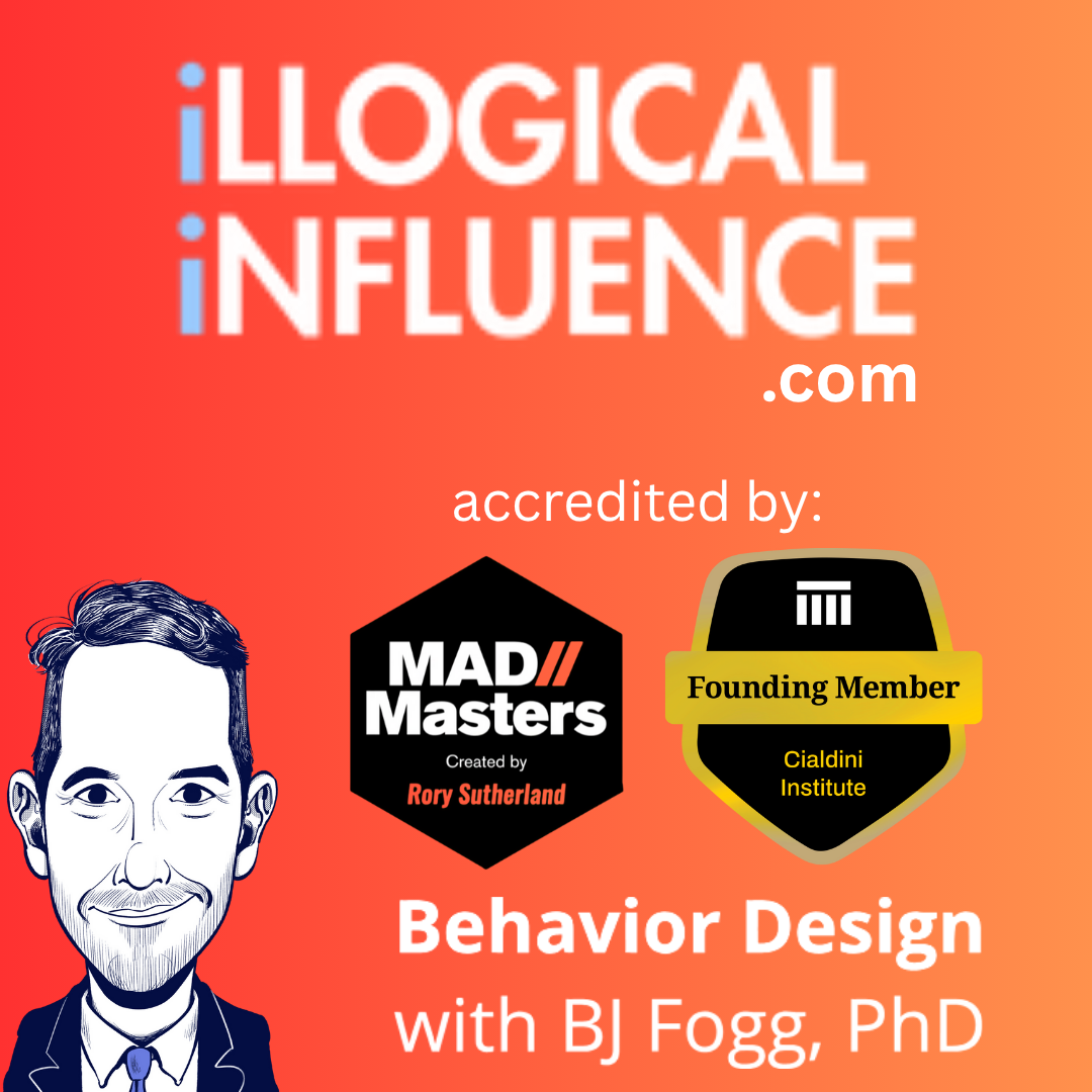 Logo for iLogical Influence with the website URL, accreditation by MAD Masters created by Rory Sutherland, and a badge indicating founding member of Cialdini Institute. Includes a black and white illustrated portrait of a man with short hair and a beard, wearing a suit and tie, on a red-orange background.
