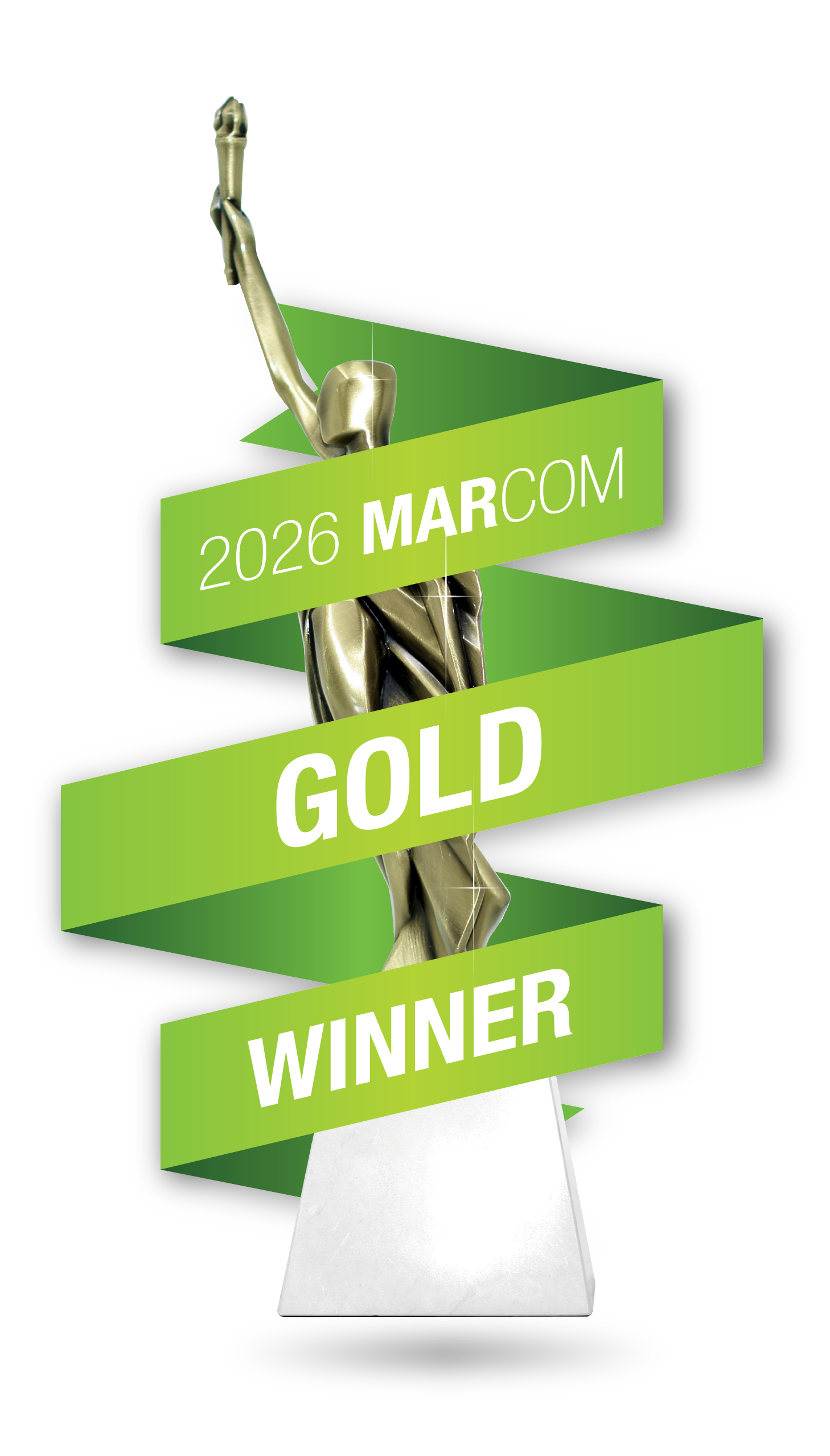 Award trophy with a gold-colored hand holding the top, surrounded by green ribbons with white text reading "2026 MARCOM GOLD WINNER".