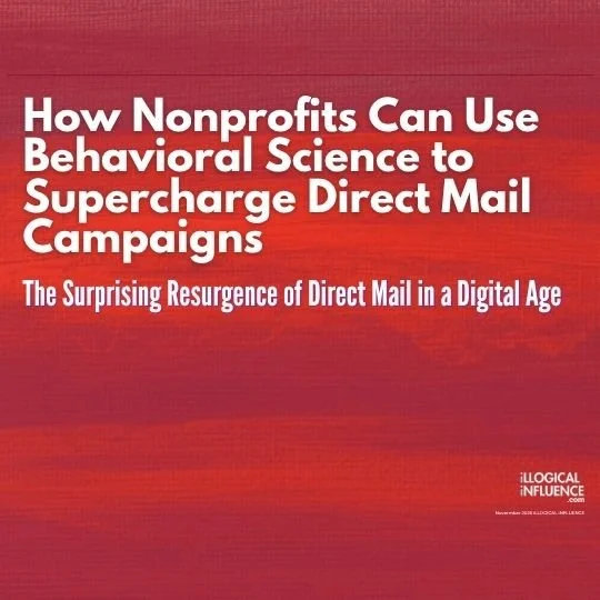 Cover page of a book titled 'How Nonprofits Can Use Behavioral Science to Supercharge Direct Mail Campaigns,' with a red background and white text.