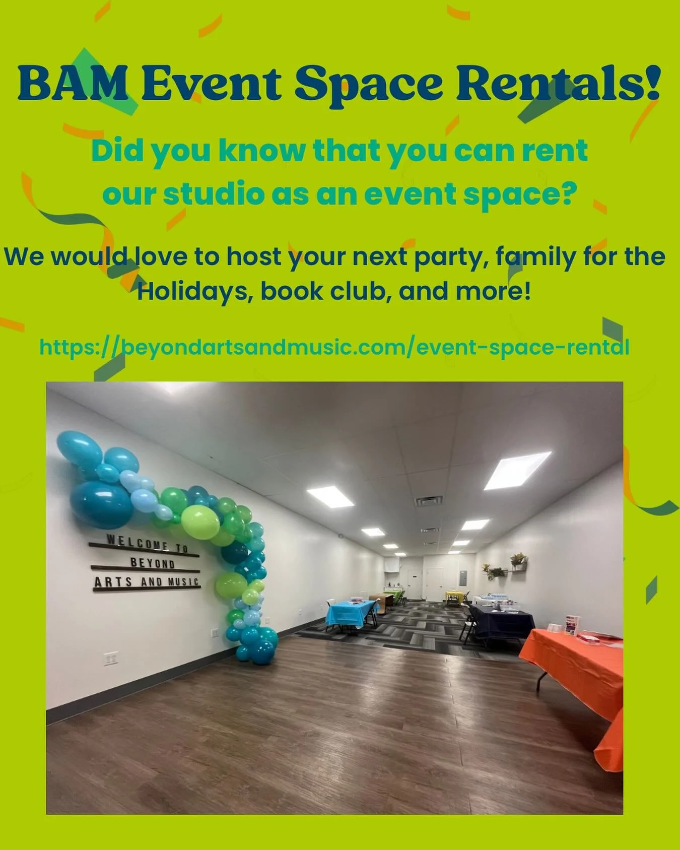 Did you know you can host your next event at Beyond Arts &amp; Music?  We have a great spot for your next birthday party, wedding or baby shower, book club, graduation party, art exhibit, large family gathering, and more!  Hosting a kid&rsquo;s birth