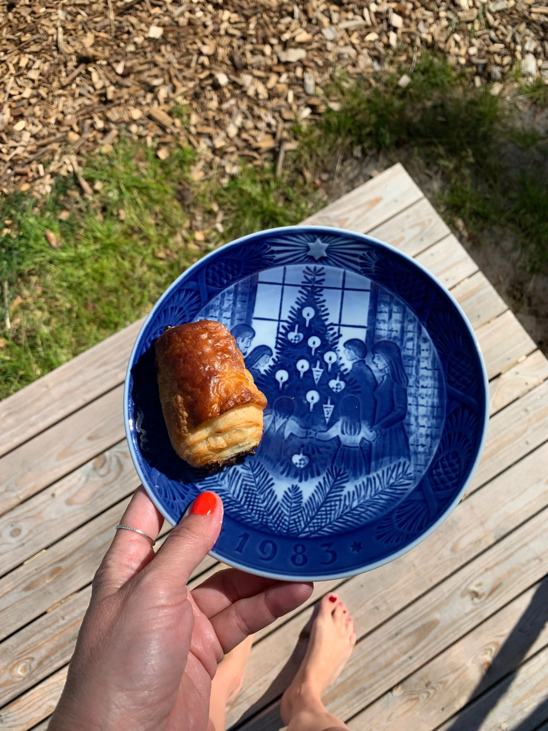 Person holding a blue plate with a baked pastry, standing on a wooden deck with grass and wood chips in the background.