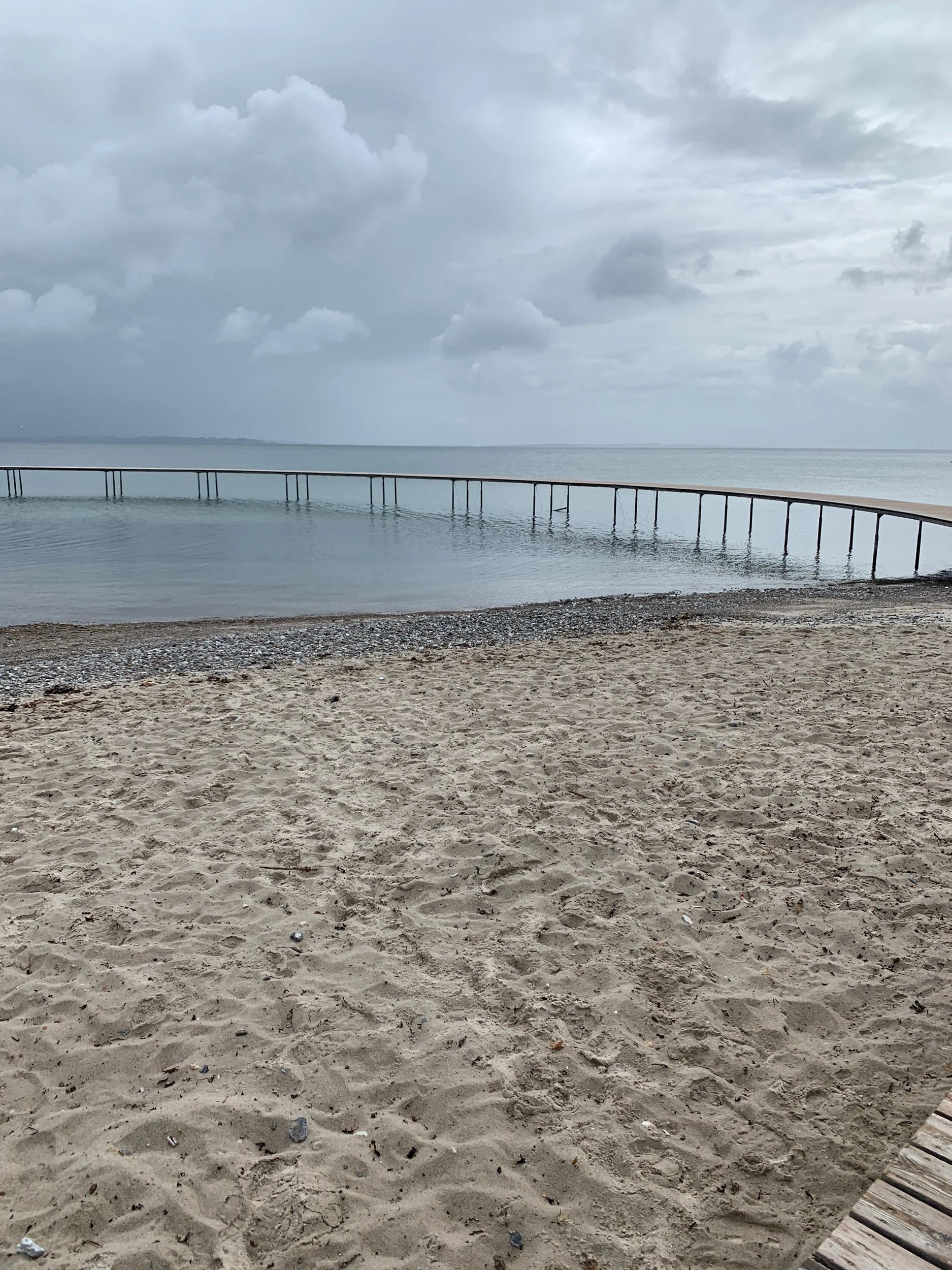 A sandy beach with scattered small rocks and shells, a calm body of water, and a cloudy sky overhead.