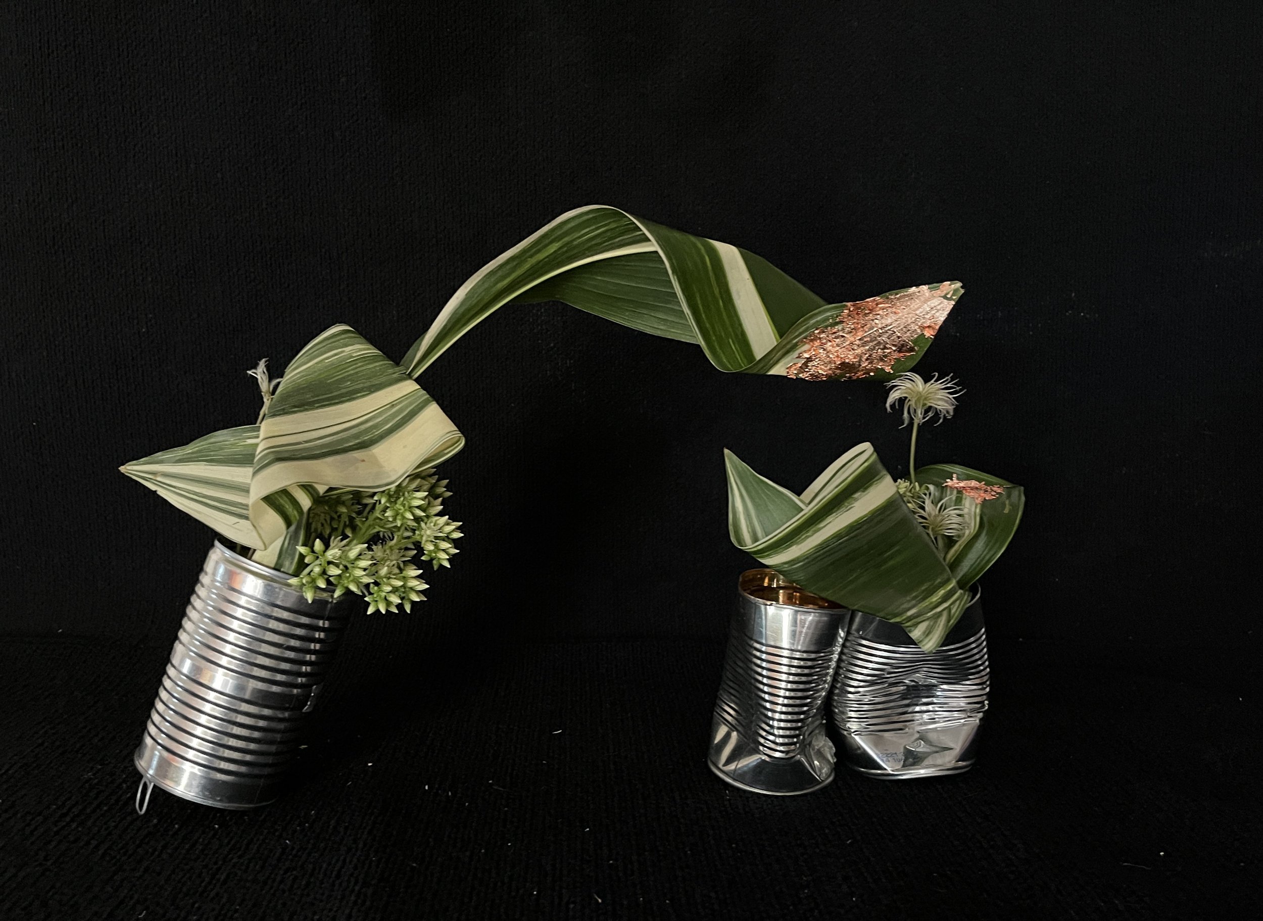 Self-made containers: Aspidistra, Clematis seedhead, Succulent flower, Tin cans, Copper leaf
