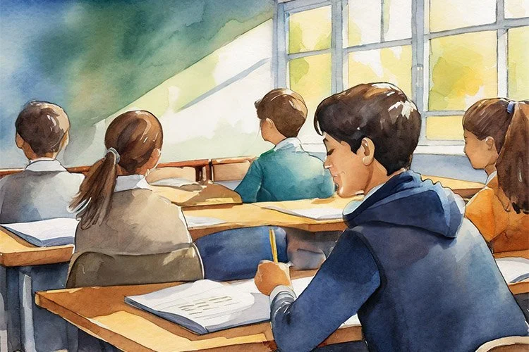 Watercolor image students working at desks in a classroom