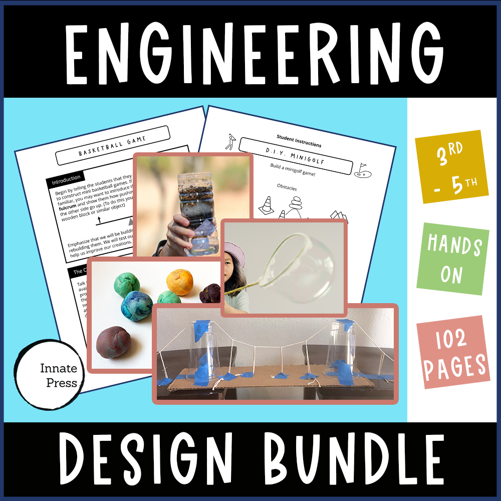 Engineering projects made by kids such as a suspension bridge, bubble wand, play dough, and water filter. The words Engineering Design Process, 3rd-5th, Hands On, Low Prep