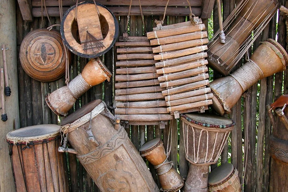 A selection of wooden instruments on display