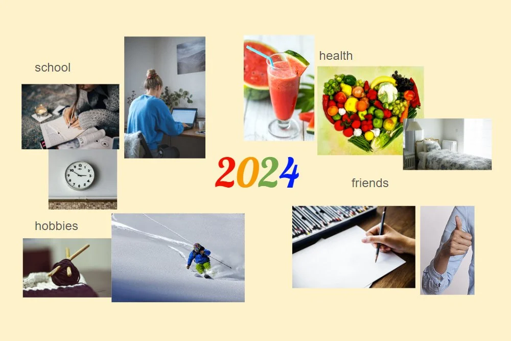 Categories of school, hobbies, health, and friends with matching images and 2024 in the middle