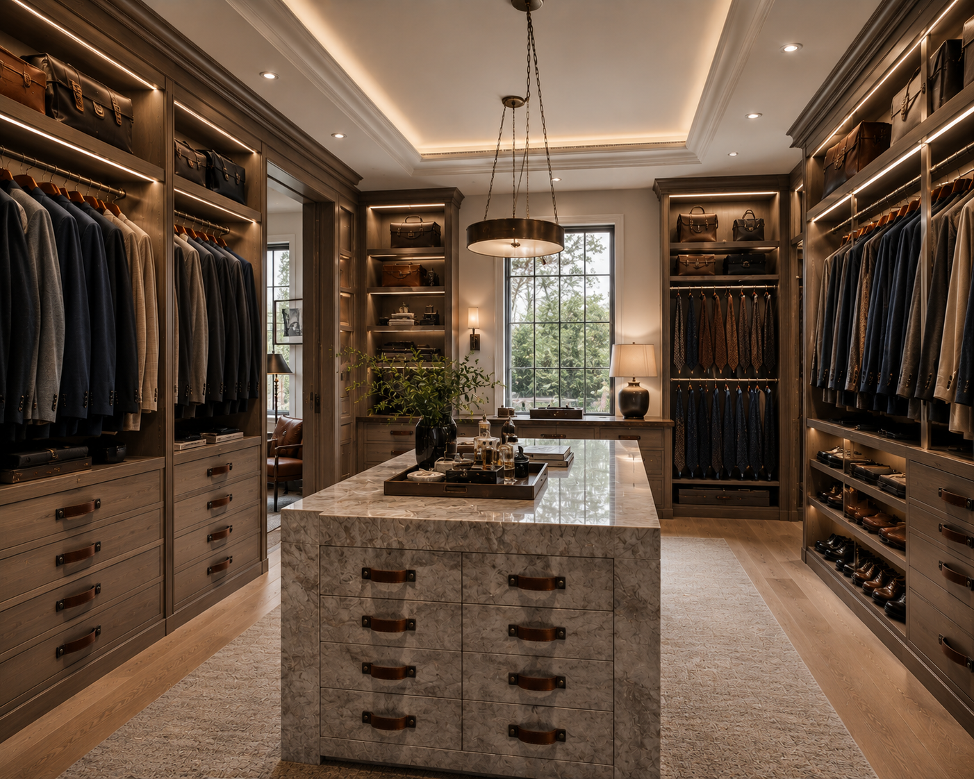 Masculine walk in closet with center island, suits, and shoes