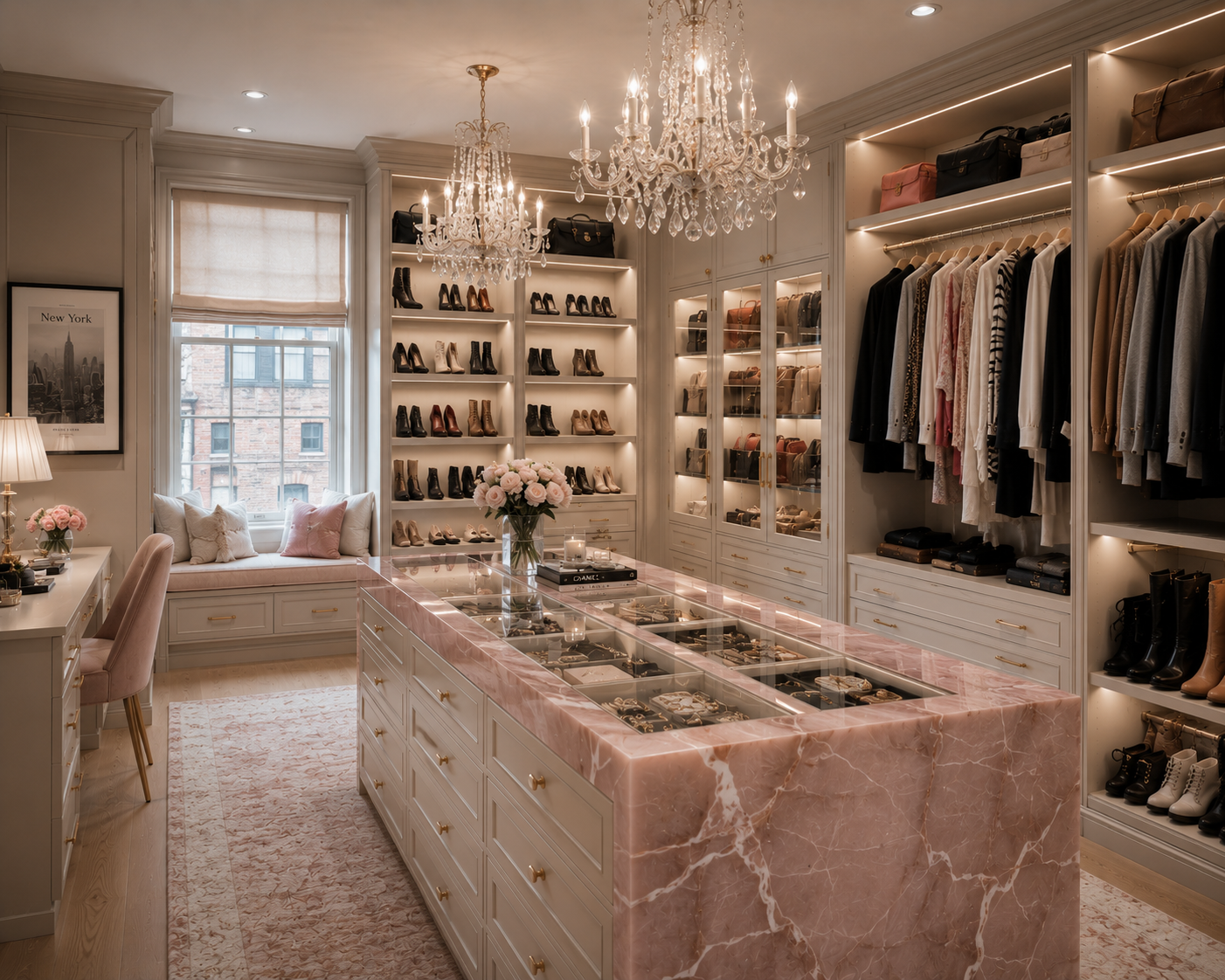 bright walk in closet with white cabinets, center island, make up vanity and chandeliers
