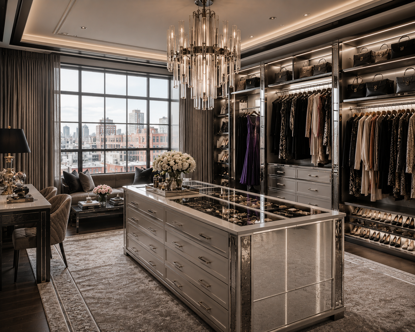 Strikingly modern walk in closet with chandelier, desk and window seat overlooking a city view