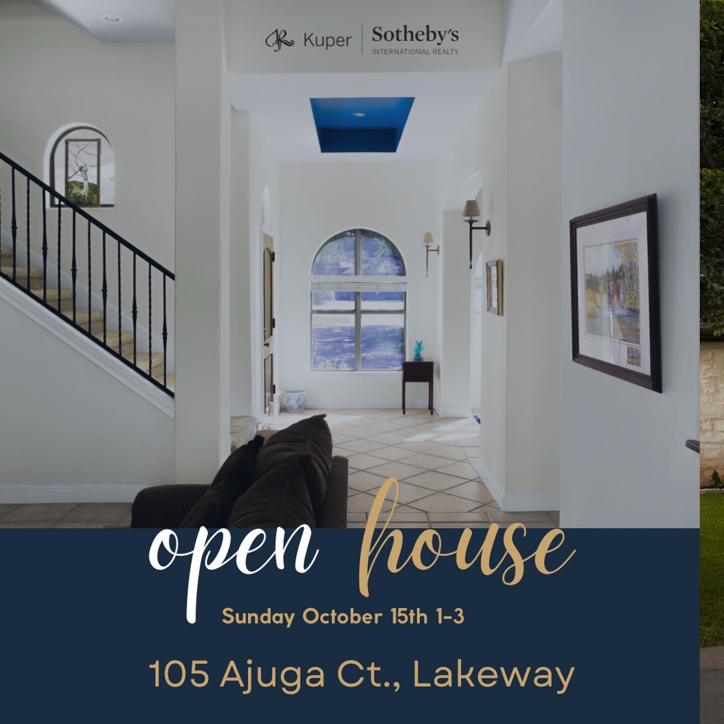 💥𝐎𝐩𝐞𝐧 𝐇𝐨𝐮𝐬𝐞💥
🗓️ Sunday October 15
🕐 1-3
📍105 Ajuga Ct., Lakeway 
&bull;
While you&rsquo;re out and about on Sunday enjoying this awesome #fallweather 🍁, stop by and check out our listing in Old Lakeway. 
&bull;
𝐎𝐟𝐟𝐞𝐫𝐞𝐝 𝐚𝐭 $𝟕?