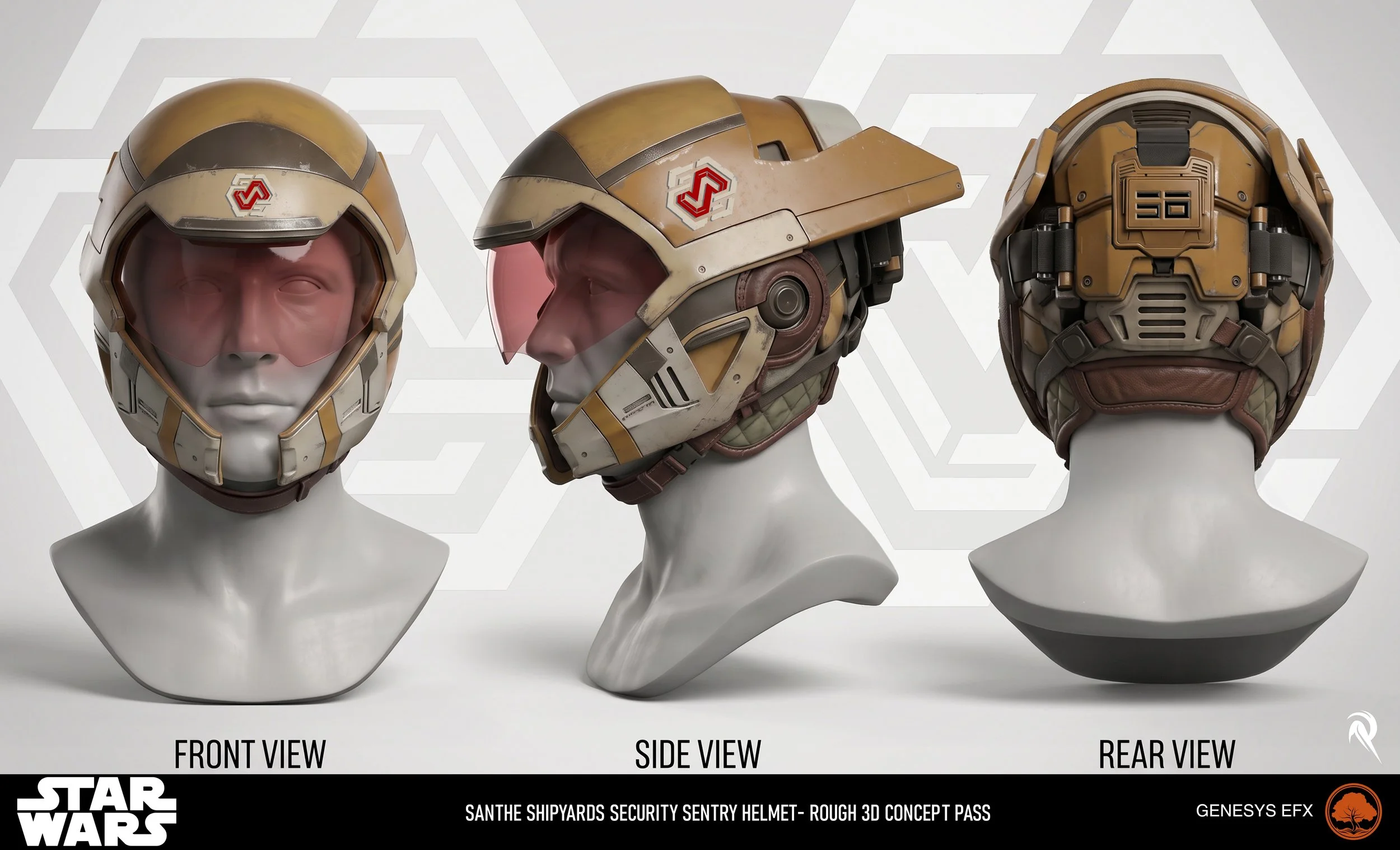 “Sci-fi sentry helmet concept design featuring front, side, and rear views, created by Genesys EFX for professional film and television character, costume, and prop development.”