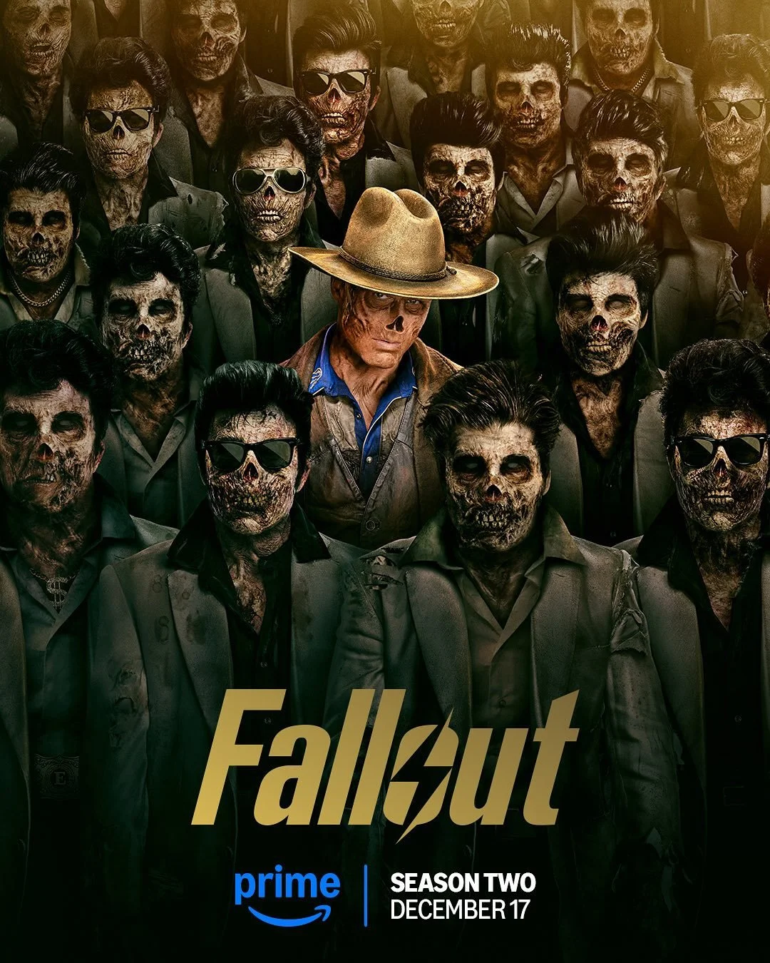 A ghoul standing center surrounded by feral ghouls looking out at a post-apocalyptic landscape in the distance. The image includes the text "Fallout" and information about the Prime series debut on December 17.