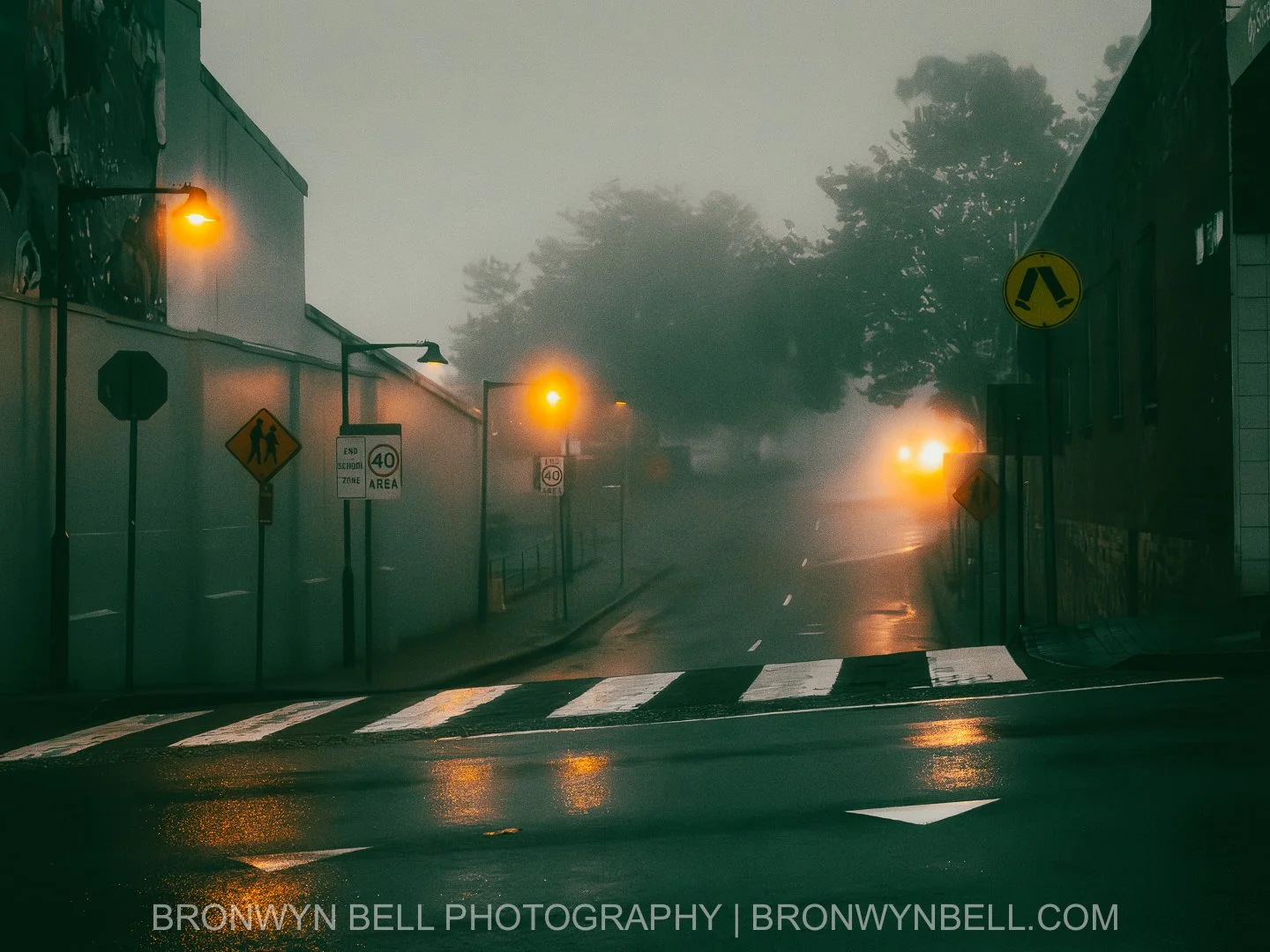 Pre-dawn fog and rain in Katoomba, Blue Mountains, with streetlights mirrored in pooled water on the road.