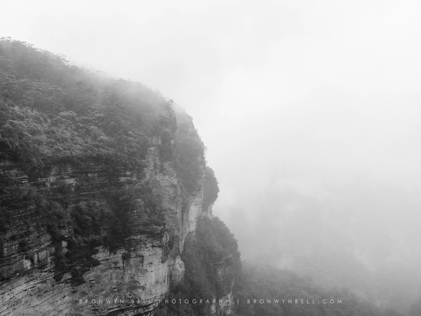 Black and white photograph of Queen Victoria Lookout in the Blue Mountains during rain and thick fog, with mist covering the valley and limiting visibility to nearby cliffs.