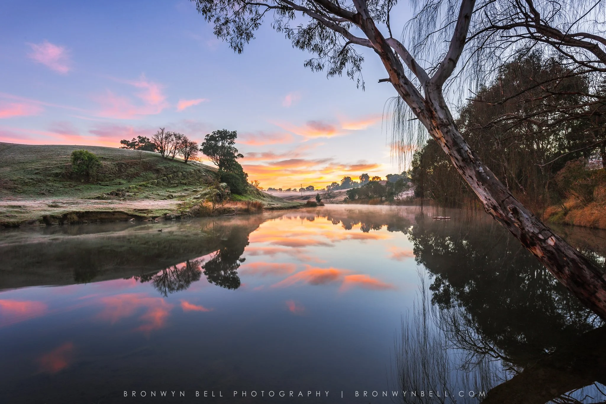 A peaceful winter sunrise along the Yass River, where soft pink and orange clouds hover above a layer of morning fog. The still, cold air turns the river into a mirror, perfectly reflecting the gum trees that line its banks.