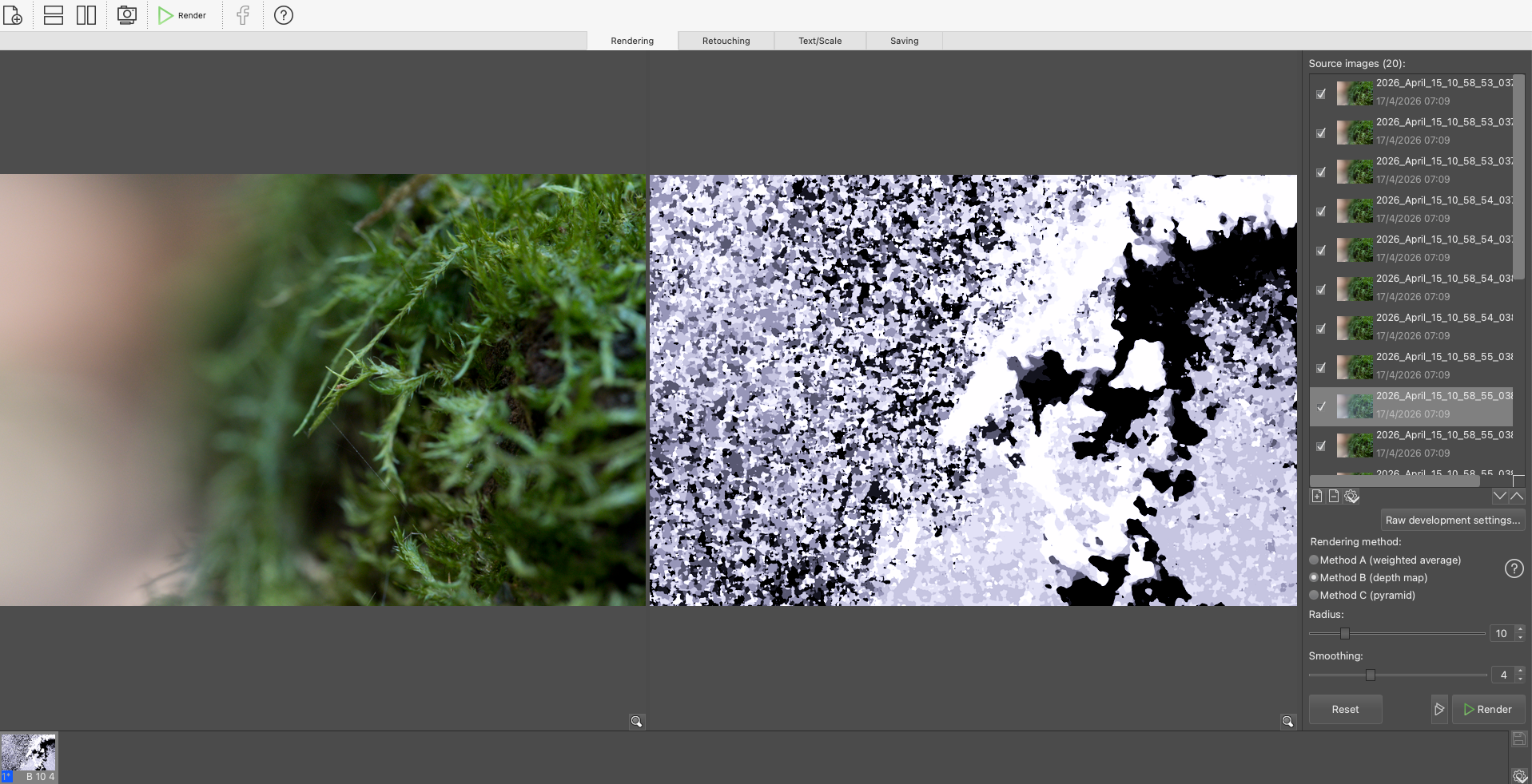 Helic focus stacking process in progress with a depth map