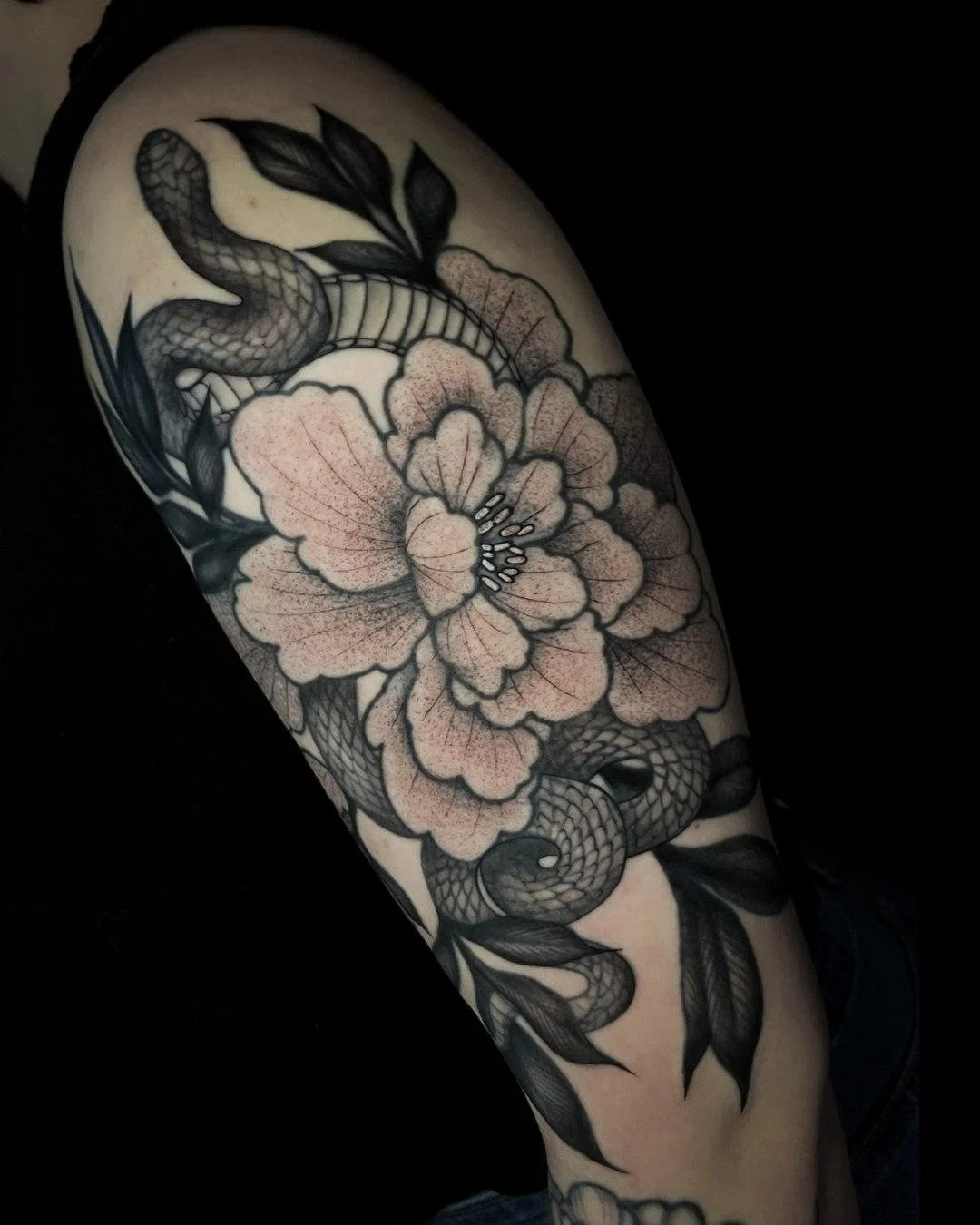 Peony and Snake done by @ambergreytattoos at Ink &amp; Dagger🐍

To book Flash or Custom tattoos with Amber, tap the link in our bio to fill out a booking form or give us a call at 770-692-4245! 

 #inkanddaggertattoo #roswell #roswelltattoo #roswell