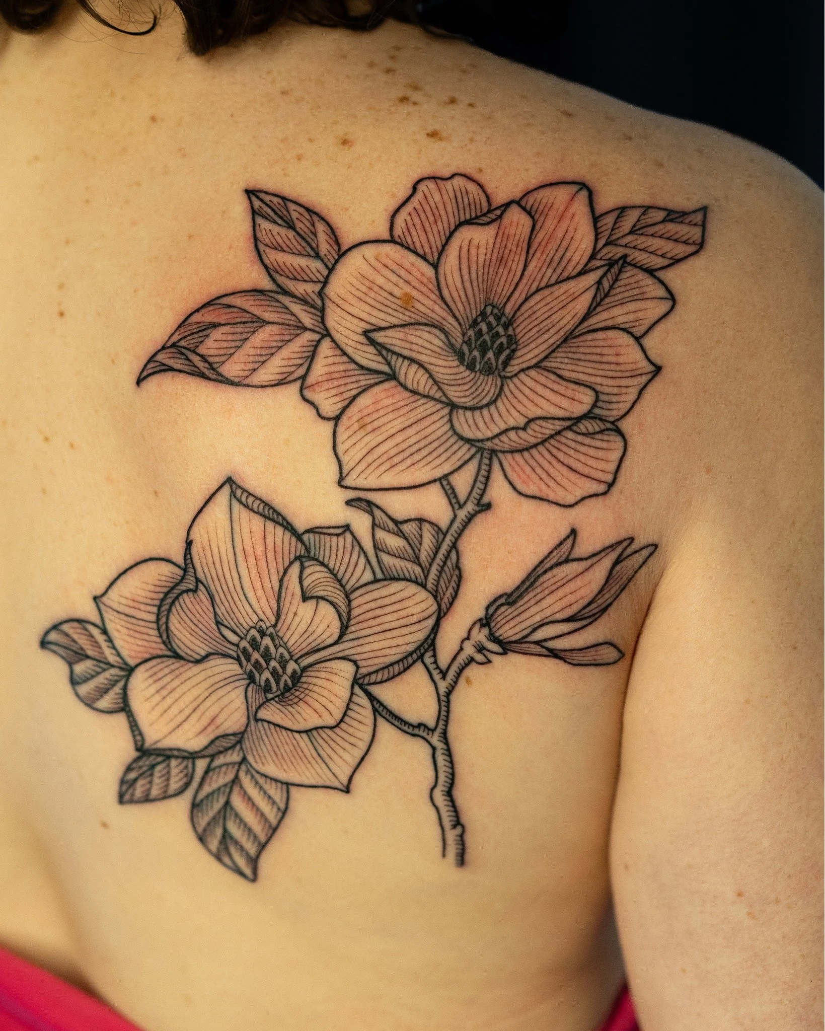 Etching Style Magnolias done by @luismiguel_ta2 at Ink &amp; Dagger🌸

To book Flash or Custom tattoos with Luis, tap the link in our bio to fill out a booking form or give us a call at 770-692-4245!

#inkanddaggertattoo #roswell #roswelltattoo
#rosw