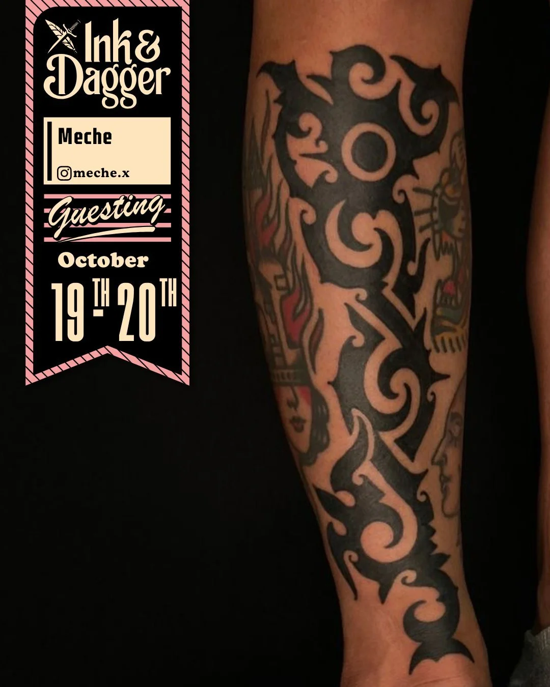 We can't wait to welcome artist @meche.x! Meche will be at the shop Sunday and Monday Oct 19th - 20th! 

Meche plays with their personal style of tribal blackwork. 

#inkanddagger #tattoos #blackworktattoo  #traditional #roswell #tribaltattoo